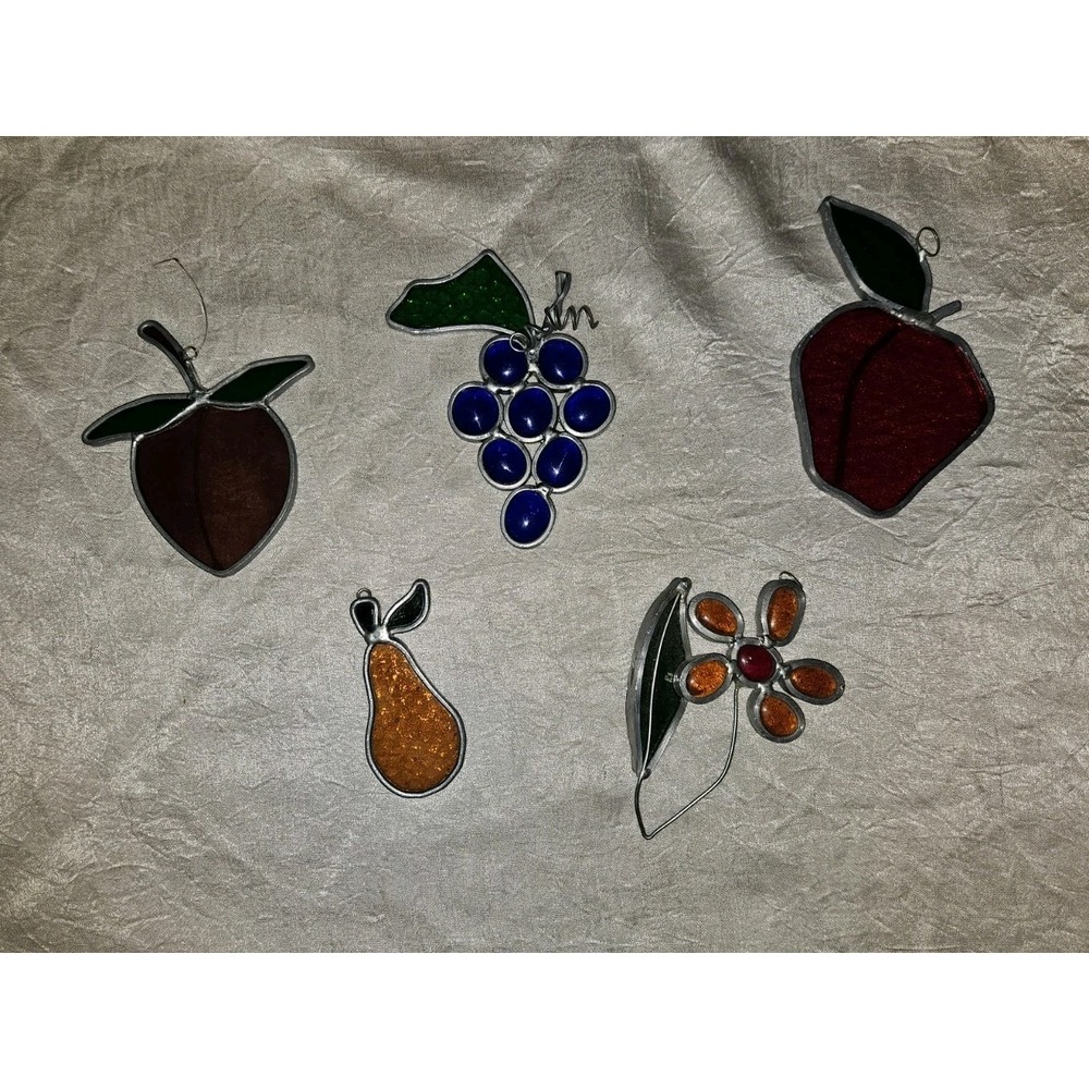 Lot of Six‎ 5 Vintage stained glass sun catcher Fruit & Flower Pear Apple Grape